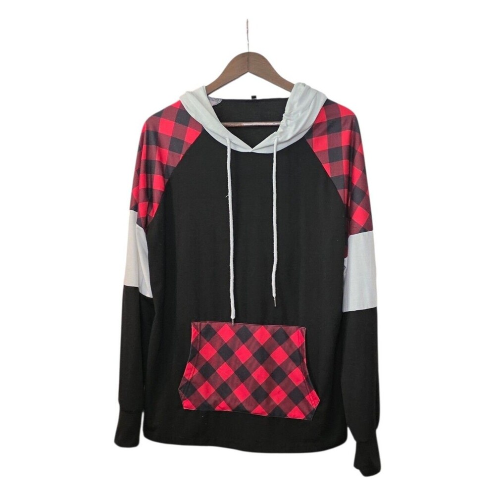 Black Red Buffalo Plaid Colorblock Hoodie XXL - Picture 2 of 6